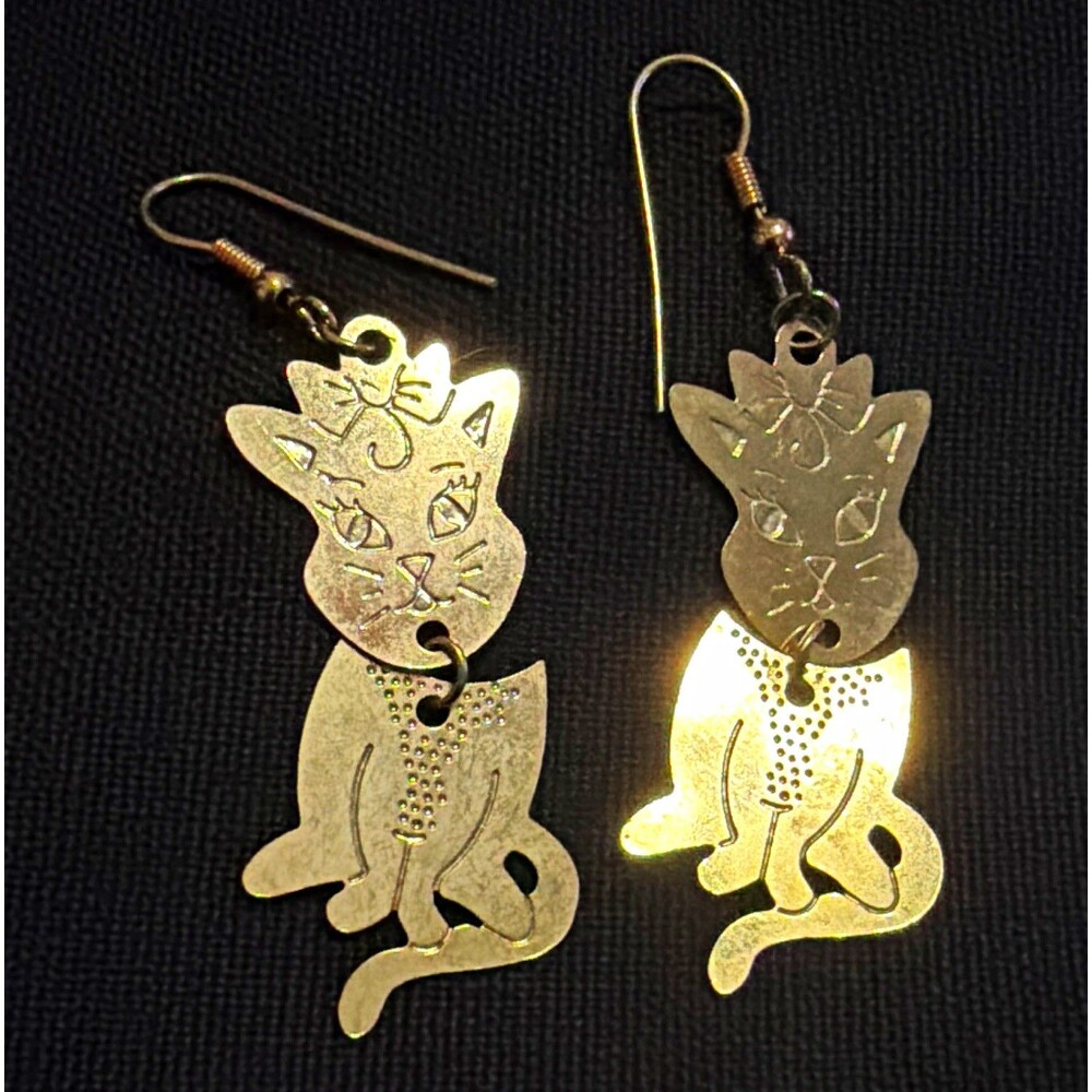Vintage Brass Cat Dangle Earrings – Quirky Retro Kitty Drop Earrings, Two-Piece